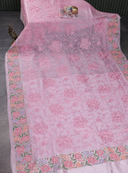Peach Pink Organza Silk Saree With Allover Parsi Work & Kutch Embroided Border
