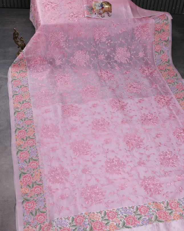 Peach Pink Organza Silk Saree With Allover Parsi Work & Kutch Embroided Border