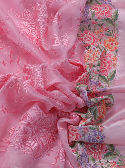 Peach Pink Organza Silk Saree With Allover Parsi Work & Kutch Embroided Border
