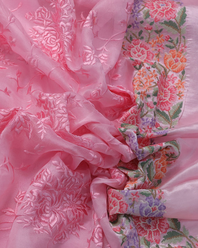 Peach Pink Organza Silk Saree With Allover Parsi Work & Kutch Embroided Border