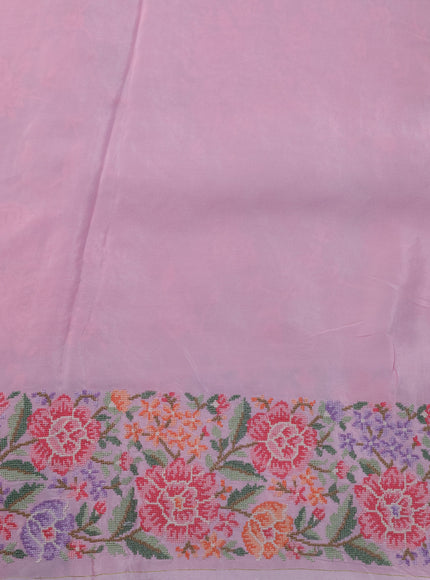 Peach Pink Organza Silk Saree With Allover Parsi Work & Kutch Embroided Border