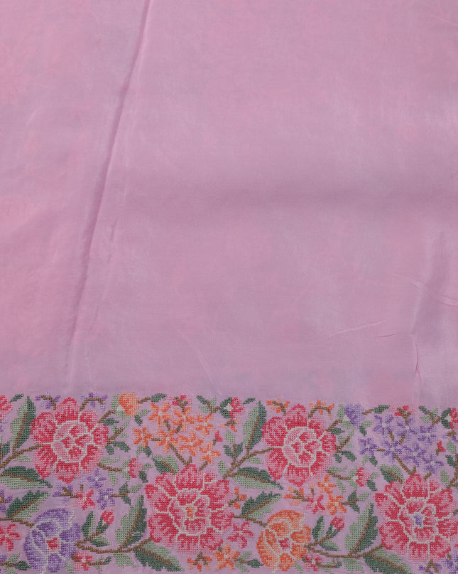 Peach Pink Organza Silk Saree With Allover Parsi Work & Kutch Embroided Border