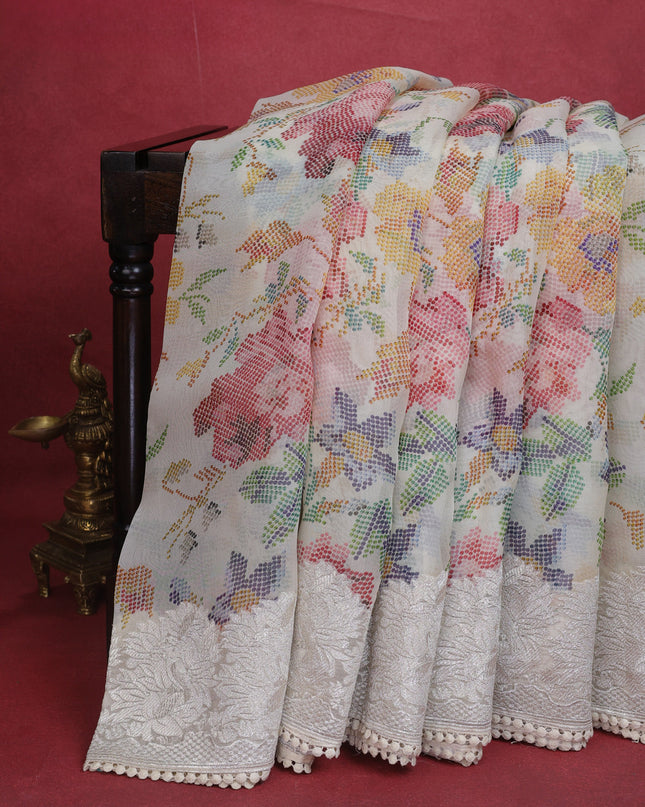 Beige Organza Silk Saree With Allover Prints & Rich Zari Border