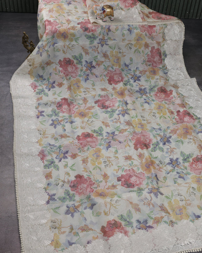 Beige Organza Silk Saree With Allover Prints & Rich Zari Border