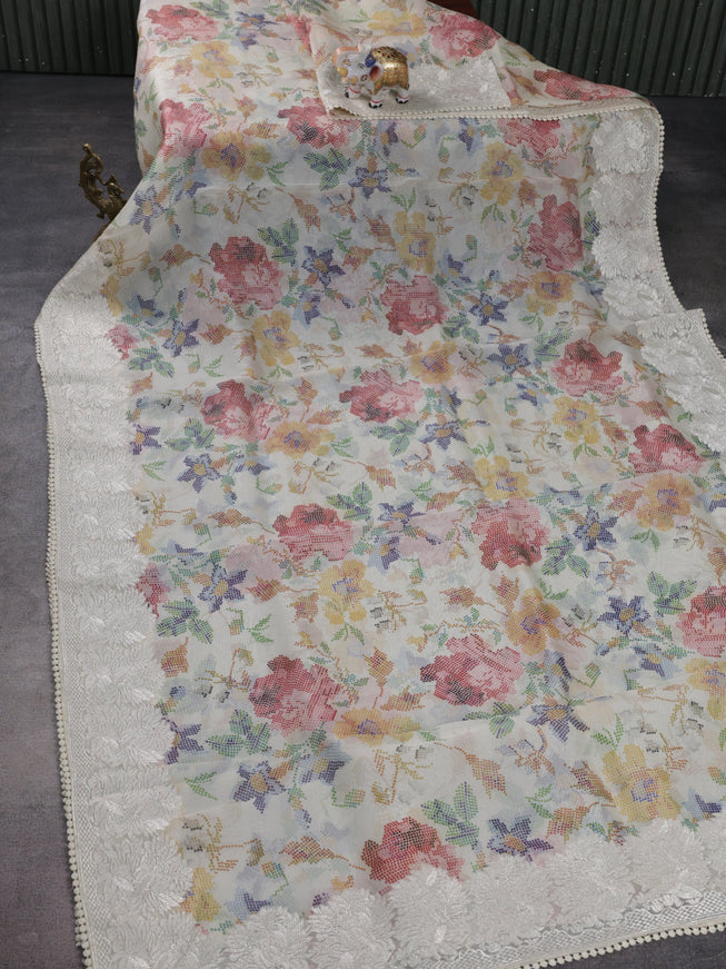 Beige Organza Silk Saree With Allover Prints & Rich Zari Border