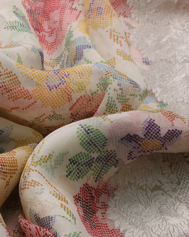 Beige Organza Silk Saree With Allover Prints & Rich Zari Border