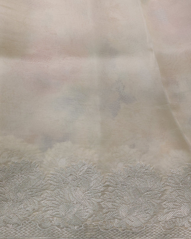Beige Organza Silk Saree With Allover Prints & Rich Zari Border