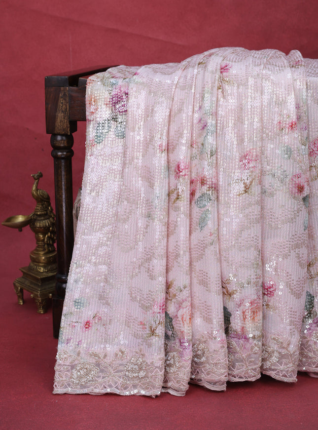 Baby Pink Pure Georgette Saree With Allover Sequin & Beaded Work And Floral Prints