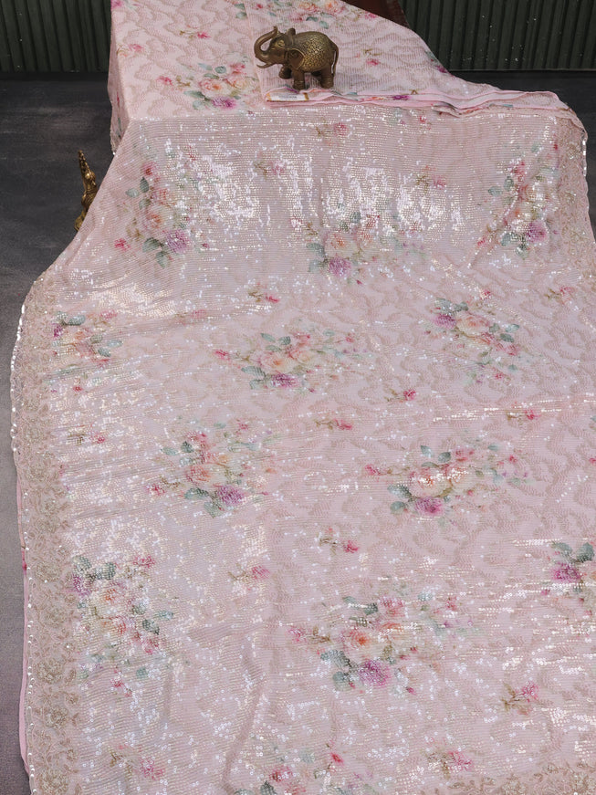 Baby Pink Pure Georgette Saree With Allover Sequin & Beaded Work And Floral Prints
