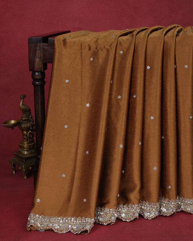 Brown Satin Crepe Silk Saree With Floral Butta & Sequin Embroidery Border & Readymade Blouse