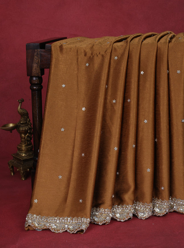 Brown Satin Crepe Silk Saree With Floral Butta & Sequin Embroidery Border & Readymade Blouse