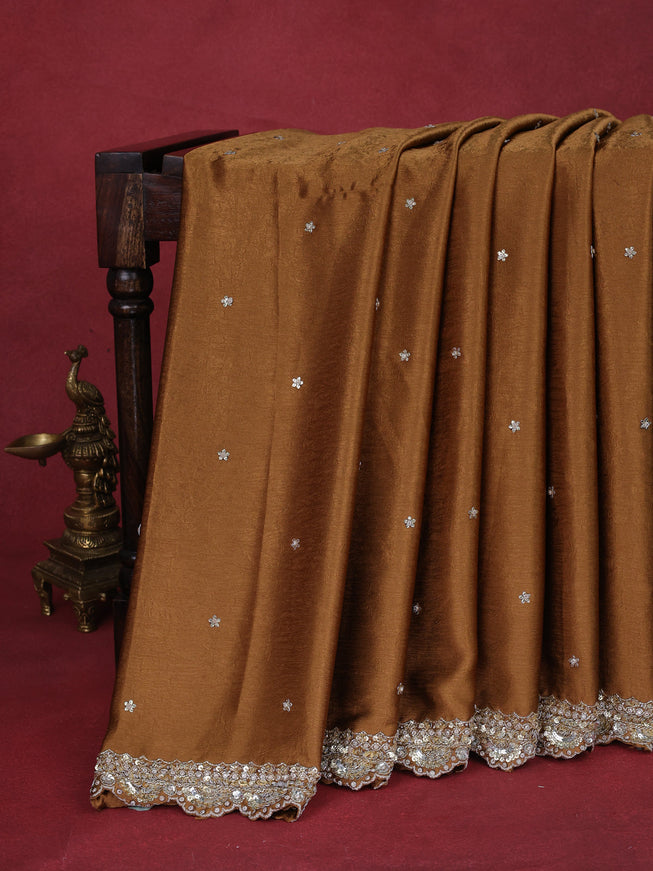 Brown Satin Crepe Silk Saree With Floral Butta & Sequin Embroidery Border & Readymade Blouse