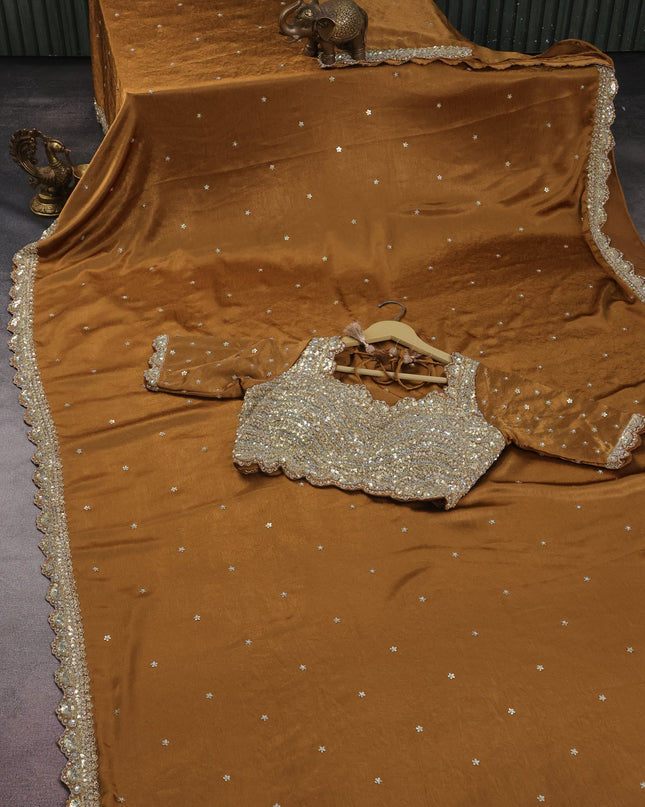 Brown Satin Crepe Silk Saree With Floral Butta & Sequin Embroidery Border & Readymade Blouse