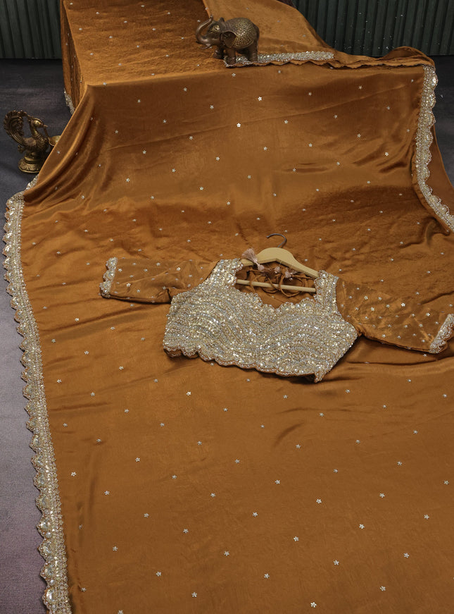 Brown Satin Crepe Silk Saree With Floral Butta & Sequin Embroidery Border & Readymade Blouse