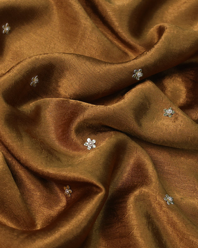 Brown Satin Crepe Silk Saree With Floral Butta & Sequin Embroidery Border & Readymade Blouse