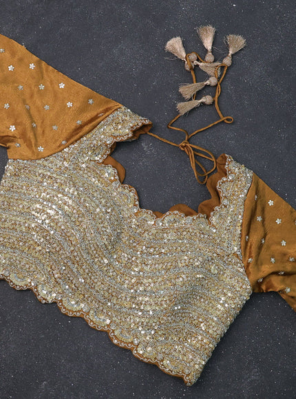 Brown Satin Crepe Silk Saree With Floral Butta & Sequin Embroidery Border & Readymade Blouse