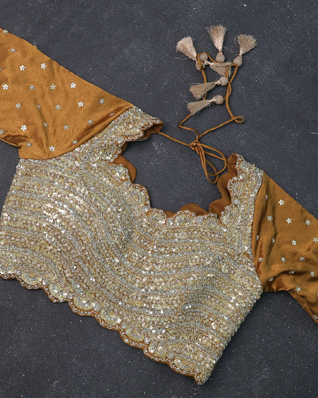 Brown Satin Crepe Silk Saree With Floral Butta & Sequin Embroidery Border & Readymade Blouse