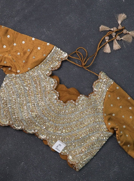 Brown Satin Crepe Silk Saree With Floral Butta & Sequin Embroidery Border & Readymade Blouse