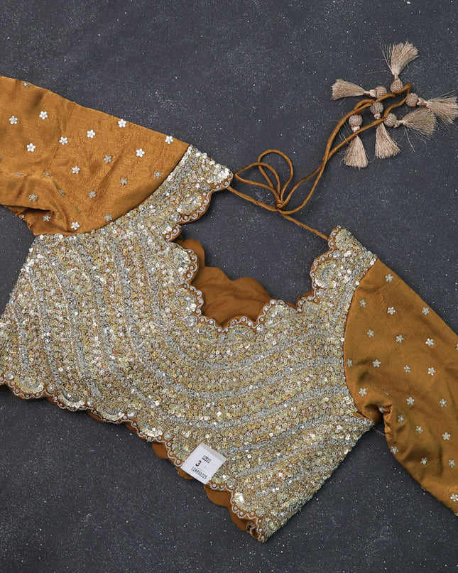 Brown Satin Crepe Silk Saree With Floral Butta & Sequin Embroidery Border & Readymade Blouse