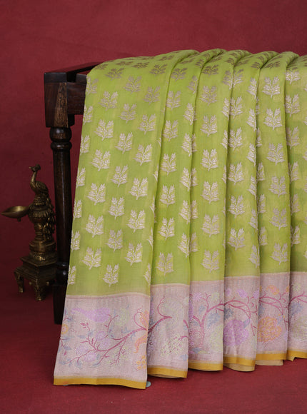 Pista Green -Pink Pure Banarasi Kora Silk Saree With Woven Buttas & Paithani Border