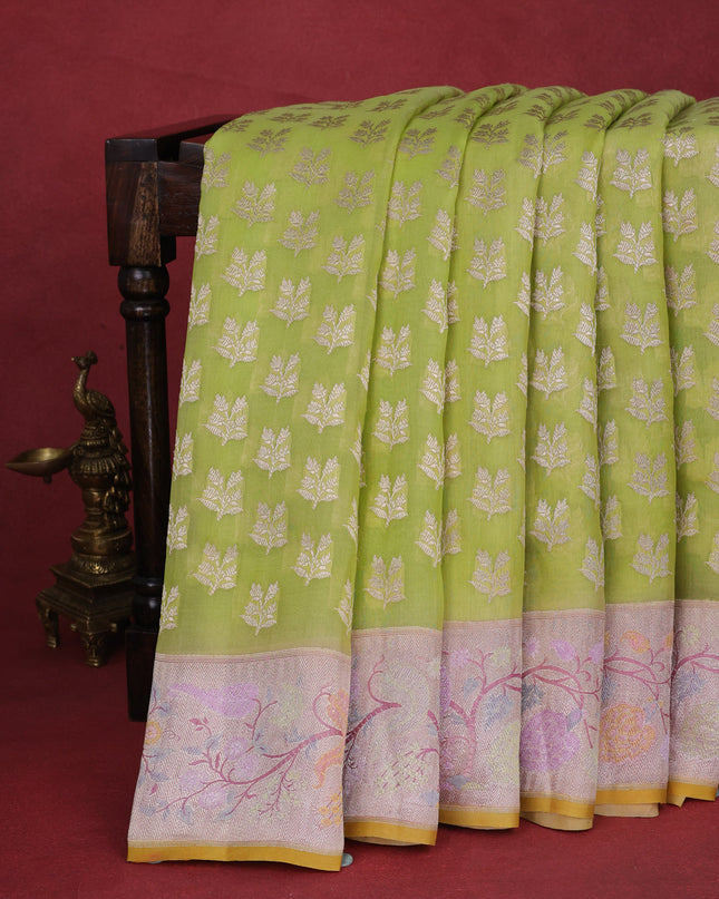 Pista Green -Pink Pure Banarasi Kora Silk Saree With Woven Buttas & Paithani Border