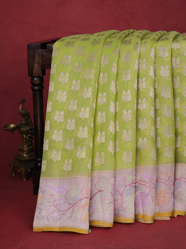 Pista Green -Pink Pure Banarasi Kora Silk Saree With Woven Buttas & Paithani Border