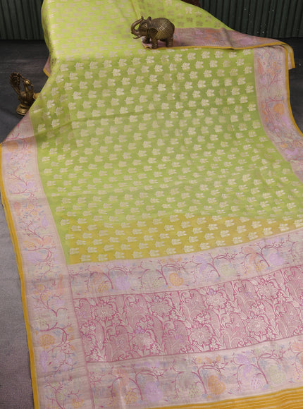 Pista Green -Pink Pure Banarasi Kora Silk Saree With Woven Buttas & Paithani Border