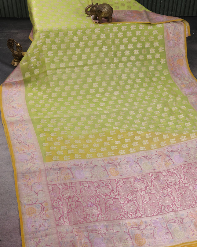 Pista Green -Pink Pure Banarasi Kora Silk Saree With Woven Buttas & Paithani Border