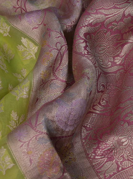 Pista Green -Pink Pure Banarasi Kora Silk Saree With Woven Buttas & Paithani Border