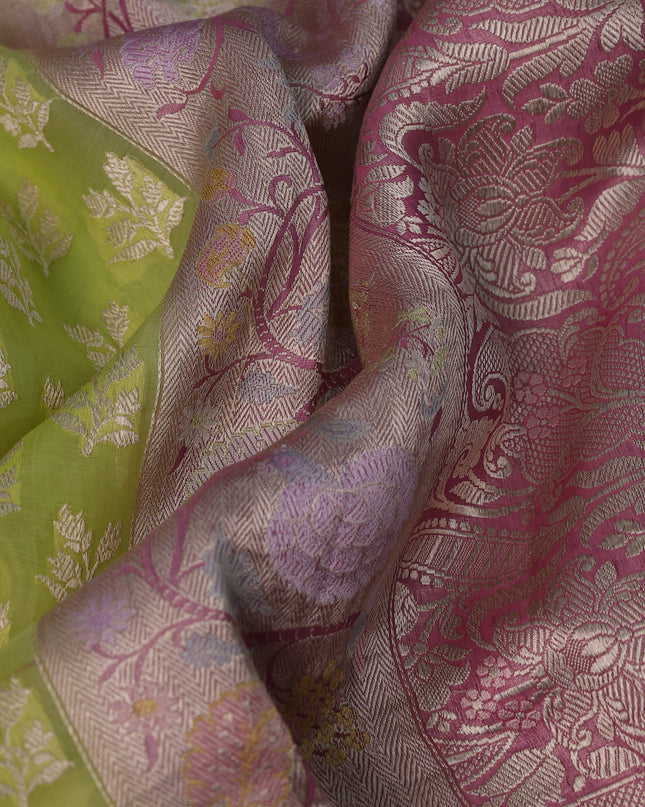 Pista Green -Pink Pure Banarasi Kora Silk Saree With Woven Buttas & Paithani Border
