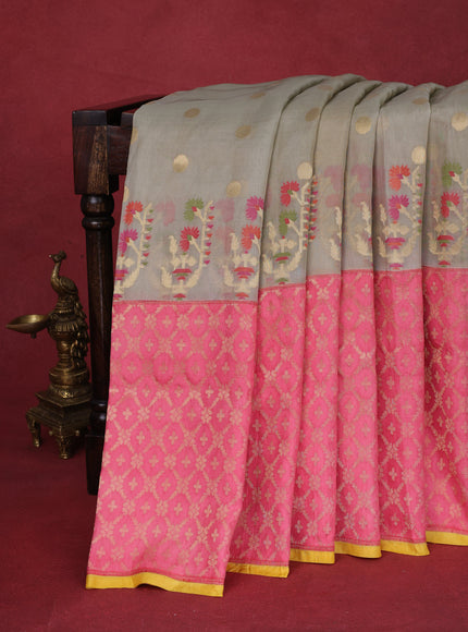 Beige -Pink Pure Banarasi Kora Silk Saree With Zari Buttas & Rich Zari Border