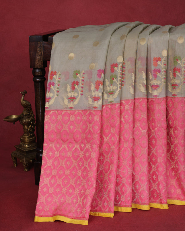 Beige -Pink Pure Banarasi Kora Silk Saree With Zari Buttas & Rich Zari Border