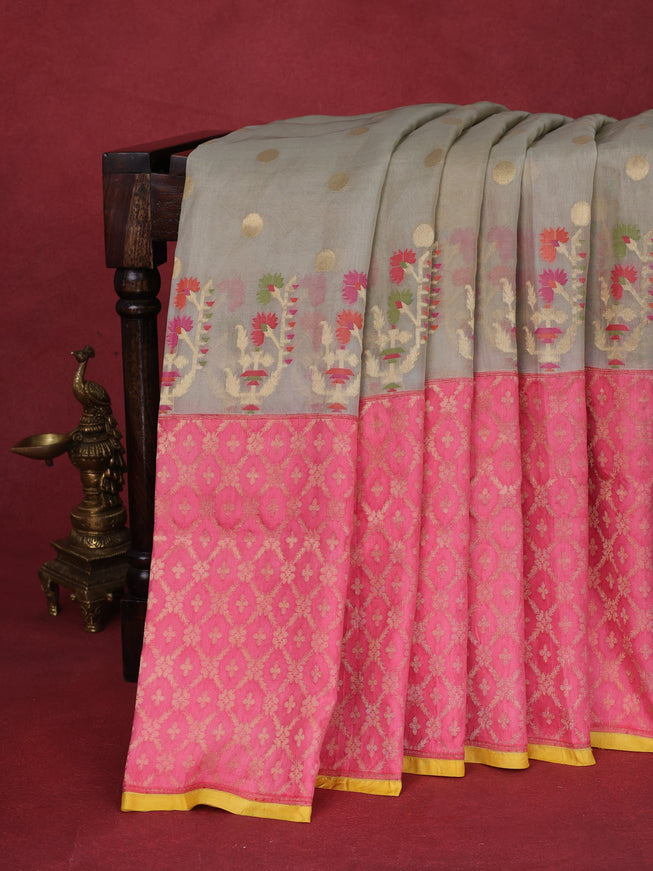 Beige -Pink Pure Banarasi Kora Silk Saree With Zari Buttas & Rich Zari Border