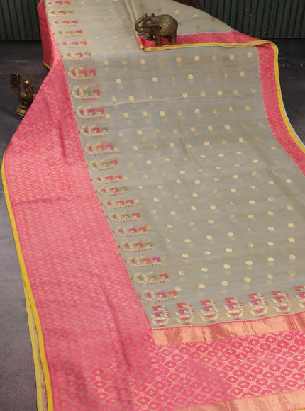 Beige -Pink Pure Banarasi Kora Silk Saree With Zari Buttas & Rich Zari Border