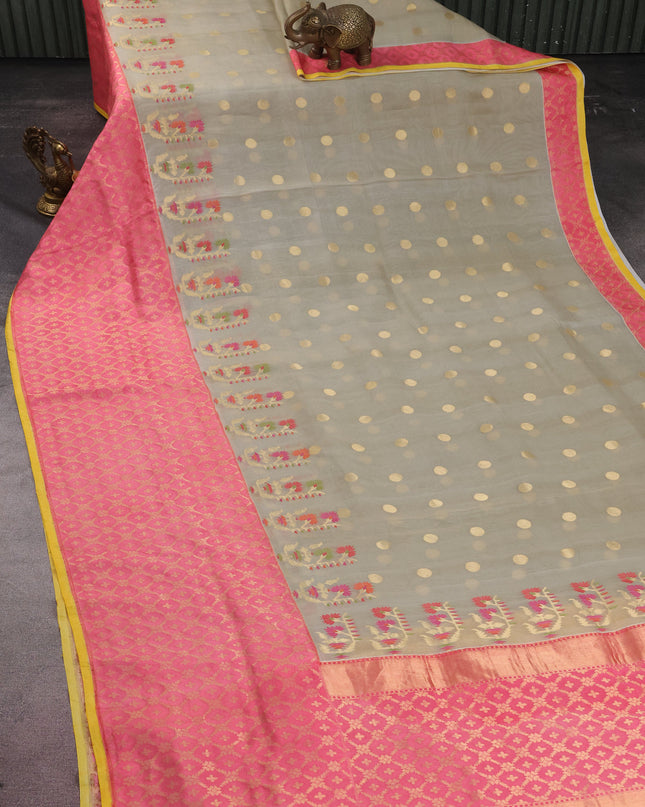 Beige -Pink Pure Banarasi Kora Silk Saree With Zari Buttas & Rich Zari Border