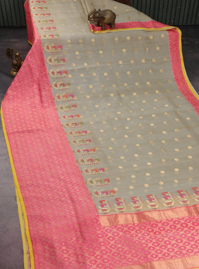 Beige -Pink Pure Banarasi Kora Silk Saree With Zari Buttas & Rich Zari Border