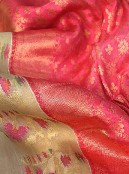 Beige -Pink Pure Banarasi Kora Silk Saree With Zari Buttas & Rich Zari Border