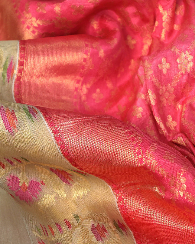 Beige -Pink Pure Banarasi Kora Silk Saree With Zari Buttas & Rich Zari Border
