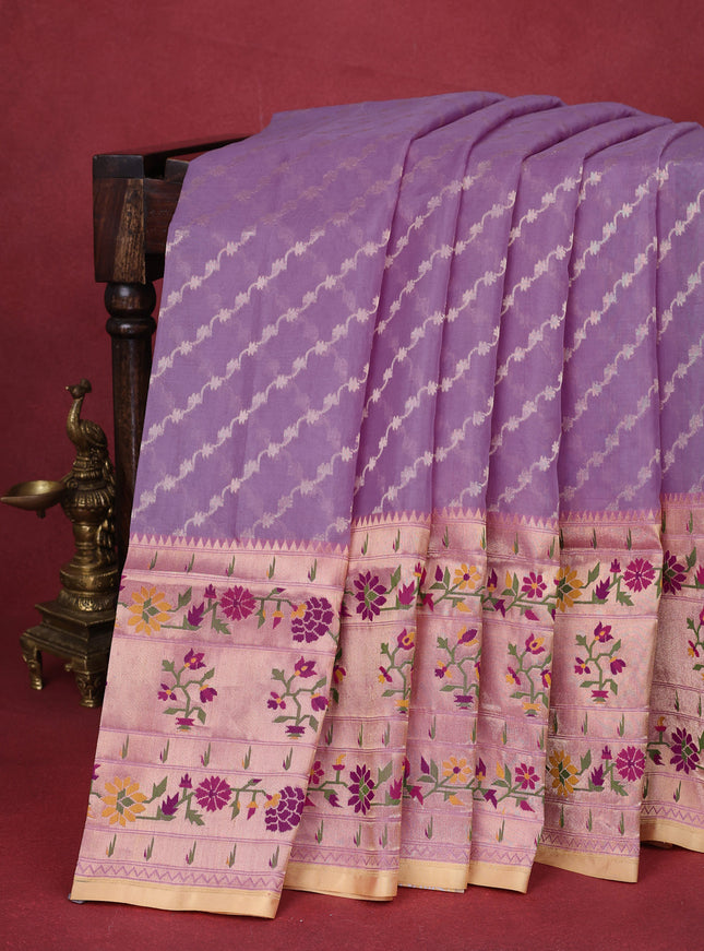Lavender-Pale Yellow Banarasi Kora Silk Saree