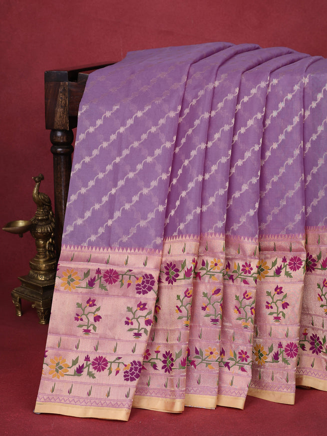 Lavender-Pale Yellow Banarasi Kora Silk Saree
