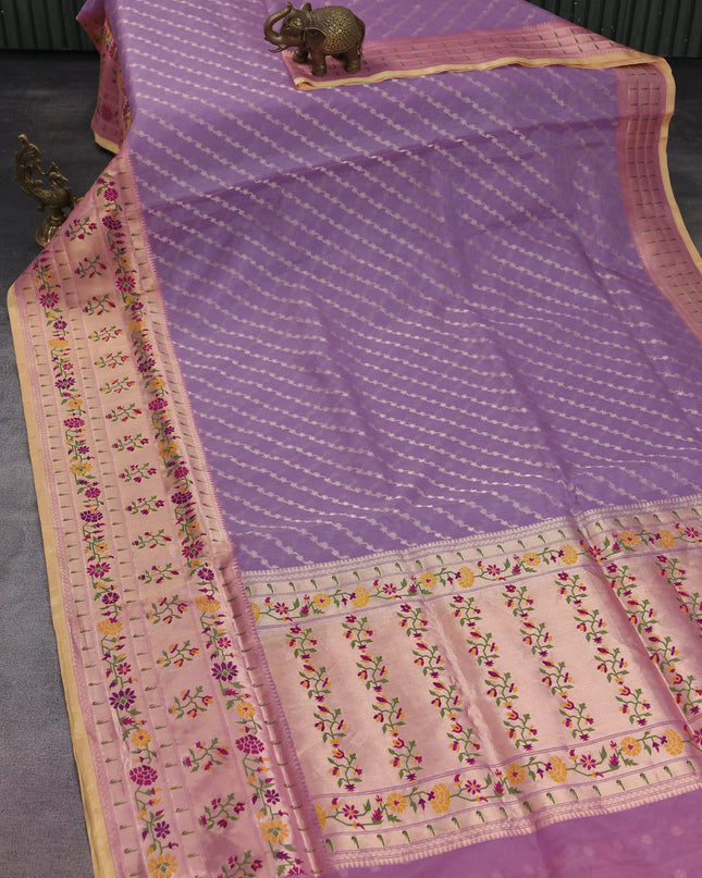 Lavender-Pale Yellow Banarasi Kora Silk Saree