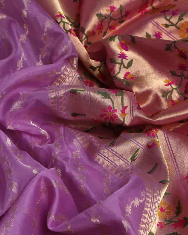 Lavender-Pale Yellow Banarasi Kora Silk Saree