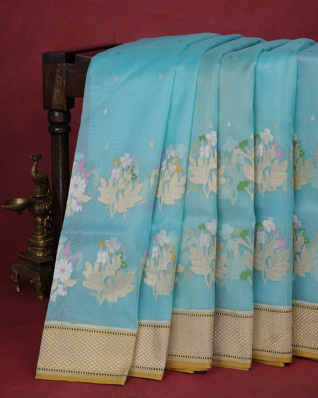 Teal Blue- Mustard Yellow Banarasi Kora Silk Saree
