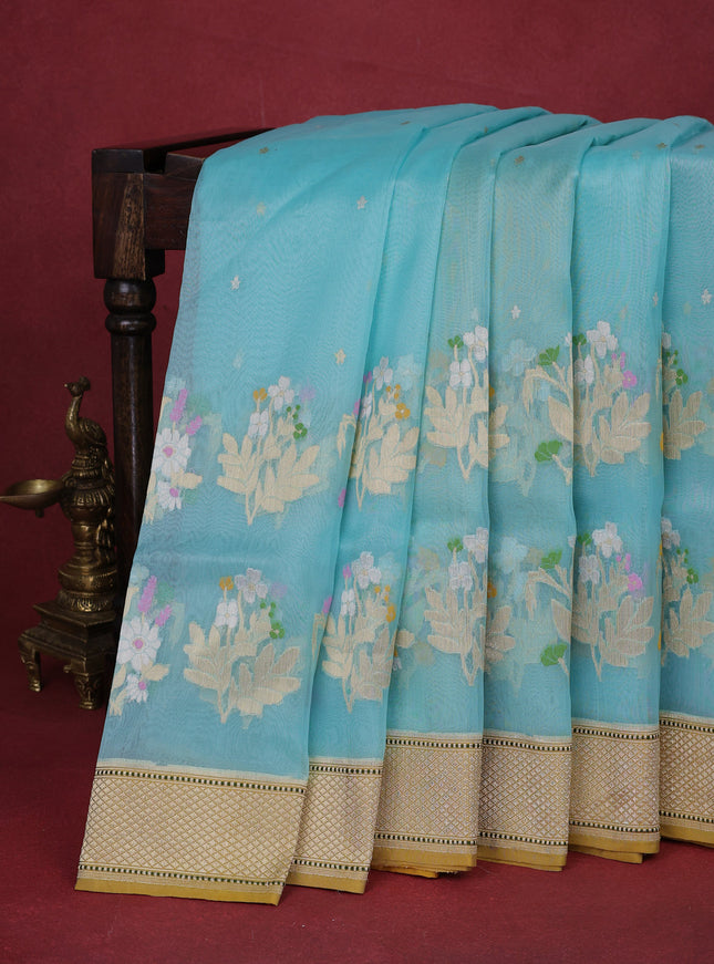 Teal Blue- Mustard Yellow Banarasi Kora Silk Saree