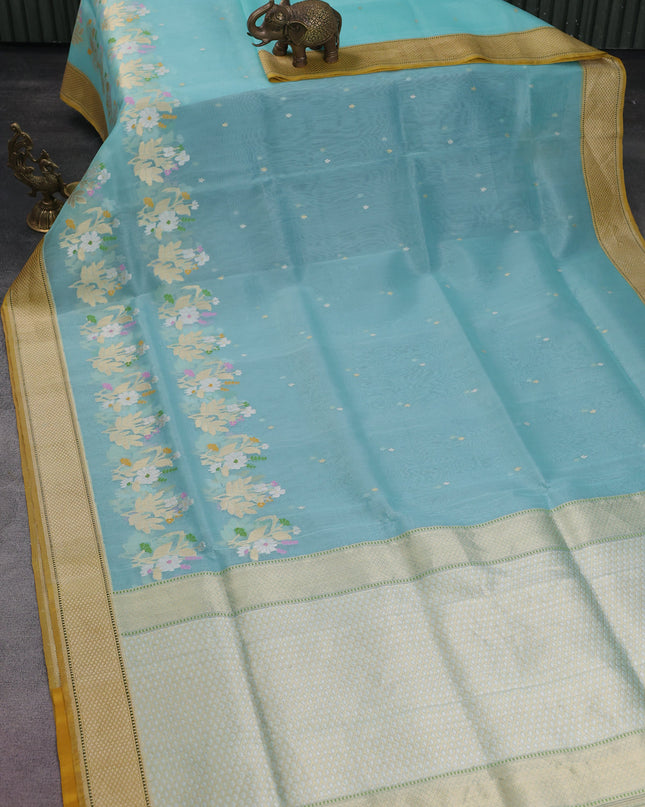 Teal Blue- Mustard Yellow Banarasi Kora Silk Saree