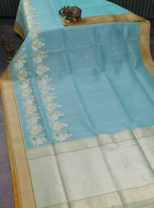 Teal Blue- Mustard Yellow Banarasi Kora Silk Saree