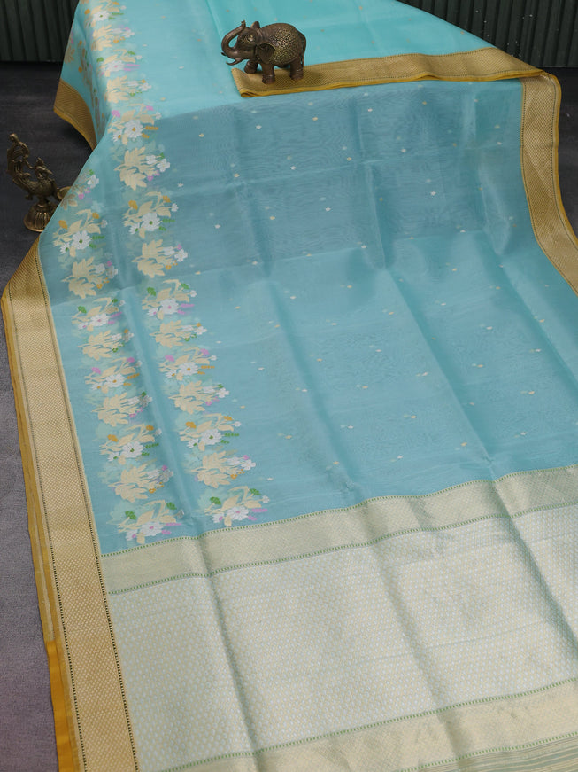Teal Blue- Mustard Yellow Banarasi Kora Silk Saree