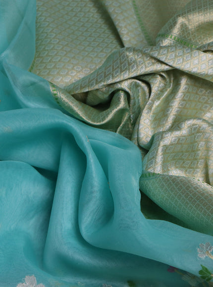 Teal Blue- Mustard Yellow Banarasi Kora Silk Saree
