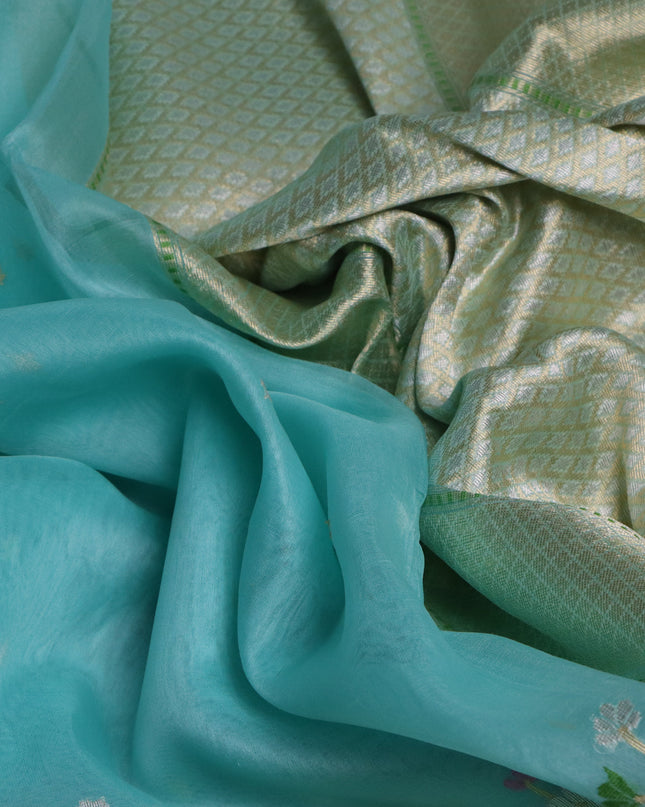 Teal Blue- Mustard Yellow Banarasi Kora Silk Saree