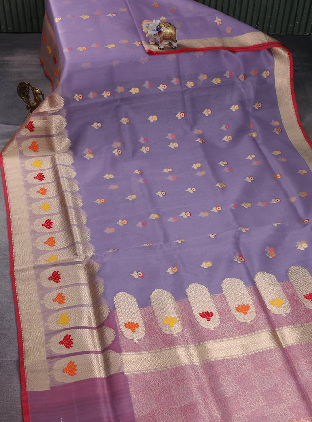 Pastel Lavender-Red Banarasi Kora Silk Saree